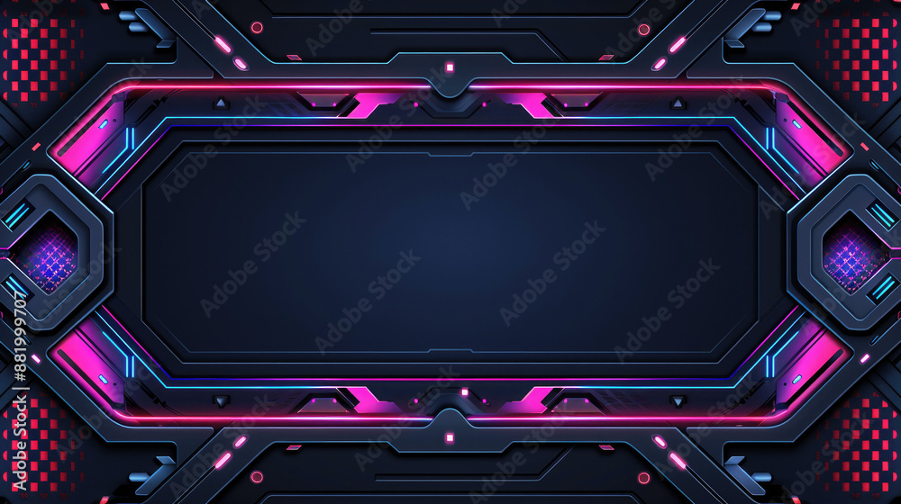 Dark technology background with neon pink and blue accents, geometric shapes, symmetrical frame borders, black empty space for text, copy space. Dark technology background with neon pink and blue accents, geometric shapes, symmetrical frame borders, black empty space for text, copy space.