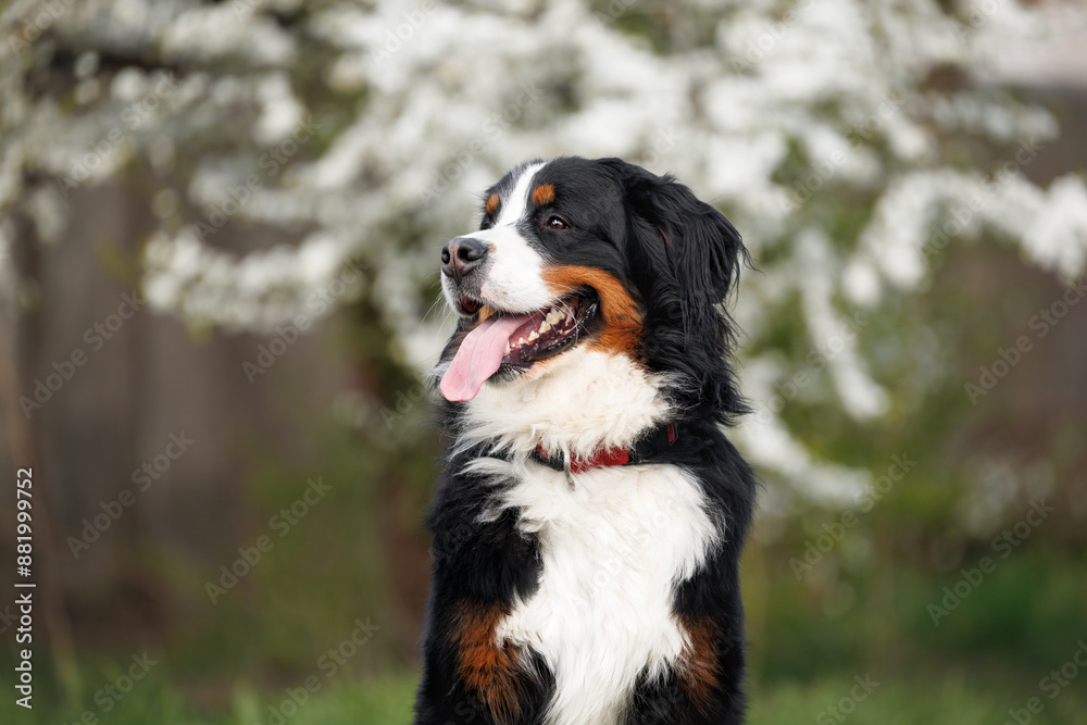 bernese mountain dog portrait in a collar outdoors in spring bernese mountain dog portrait in a collar outdoors in spring