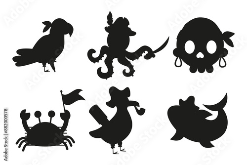 Silhouette of pirate characters octopus parrot shark crab skull flat style