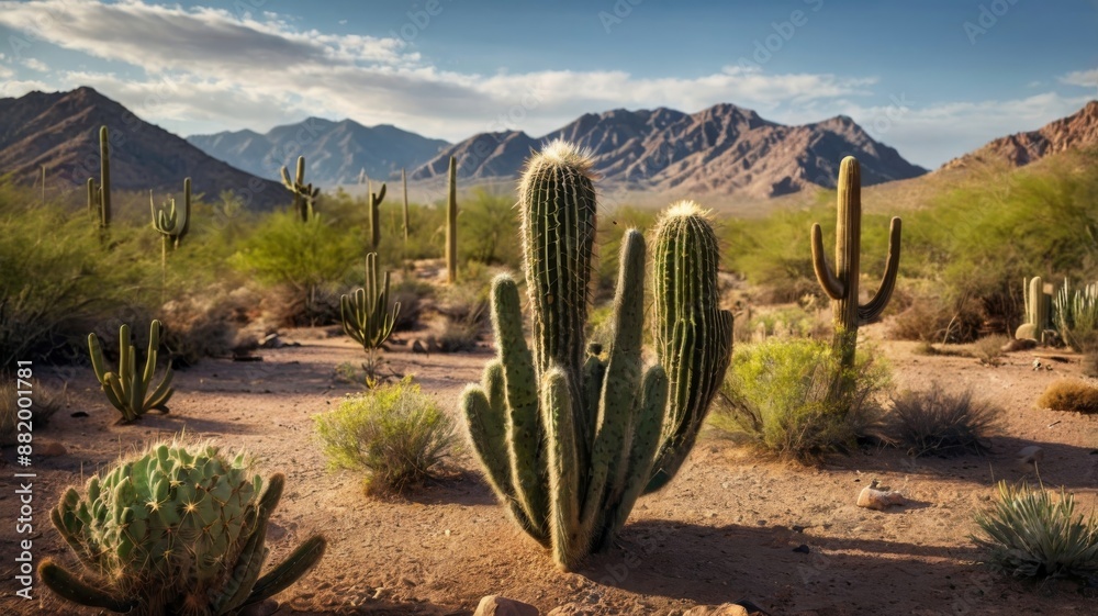 Desert landscape with cactus and small bushes by the McDowell Mountains hiking trails Desert landscape with cactus and small bushes by the McDowell Mountains hiking trails