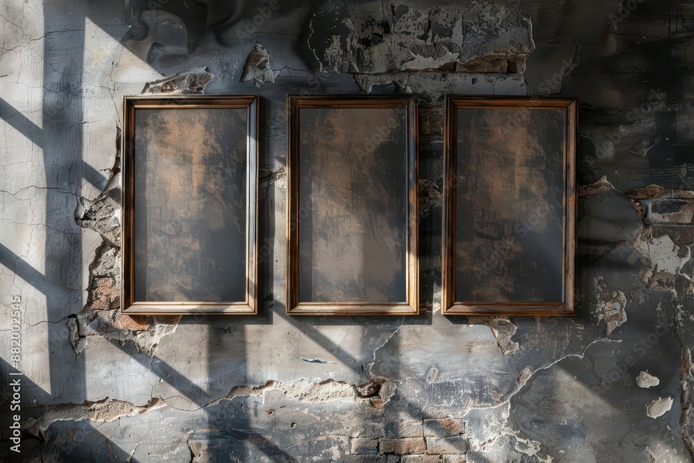 weathered wooden frames on industrial concrete wall peeling paint texture dramatic side lighting creating deep shadows urban loft aesthetic weathered wooden frames on industrial concrete wall peeling paint texture dramatic side lighting creating deep shadows urban loft aesthetic