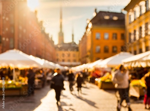 Sweden, Sodermanland, Stockholm, Market in town square unfocused photo