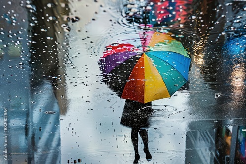 whimsical scene of figure with colorful umbrella walking through rainslicked city street reflections in puddles create a mirror world effect photo