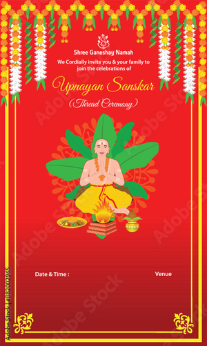 Creative design of Indian Hindu traditional thread ceremony of boy.