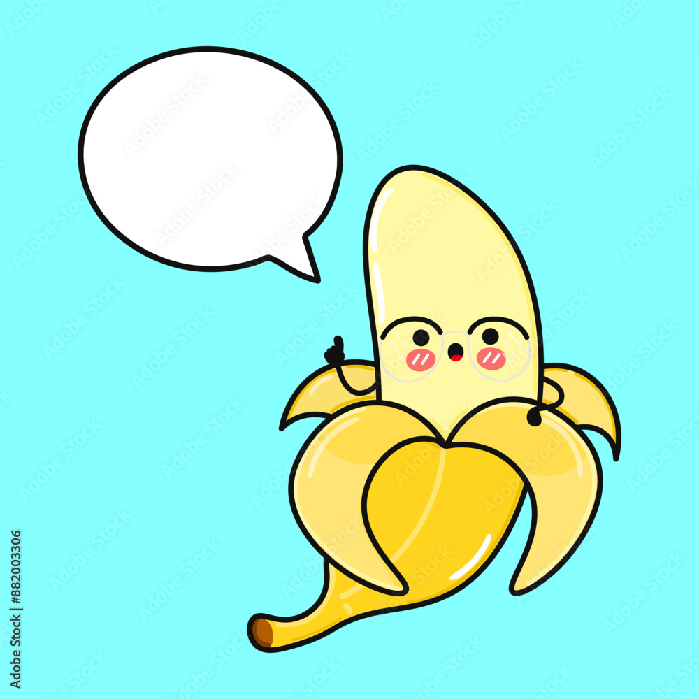 Banana with speech bubble. Vector hand drawn cartoon kawaii character illustration icon. Isolated on blue background. Chocolate Banana character concept