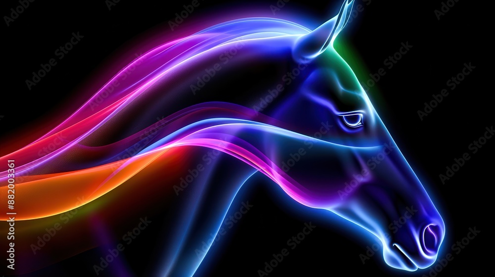 Vibrant neon light abstract horse head illustration on a black background, depicting elegance and fluidity in colorful digital art. Vibrant neon light abstract horse head illustration on a black background, depicting elegance and fluidity in colorful digital art.