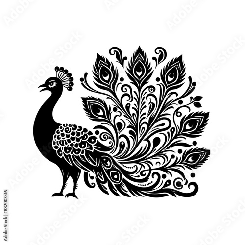 Black silhouette of Peacock on white background