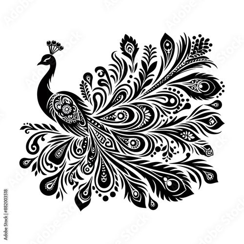 Black silhouette of Peacock on white back