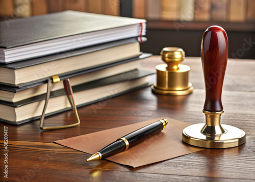 A law attorney's desk features a notary public stamp resting on a signed will, surrounded by law papers sealed with a notary public seal and fountain pens.
