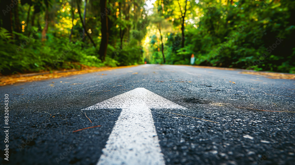 Close-up view of a road with a white arrow pointing forward surrounded by lush greenery.