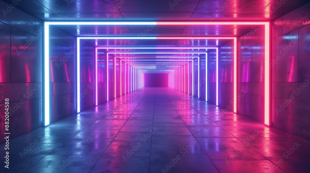 Fototapeta premium Futuristic corridor illuminated by vivid neon lights in pink and blue, creating a sci-fi ambiance.