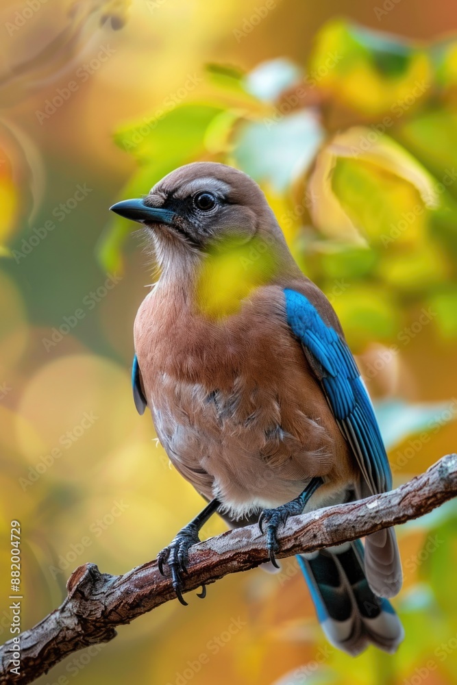 Fototapeta premium A blue and brown bird perched on a tree branch, perhaps singing or watching the surroundings