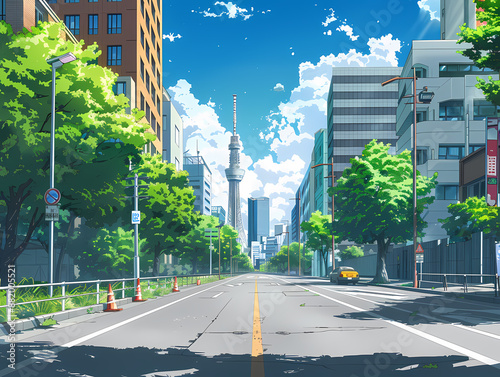 anime background illsutration, atmosphere of a empty street in the middle of a beautiful city