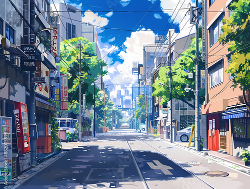anime background illsutration, atmosphere of a empty street in the middle of a beautiful city