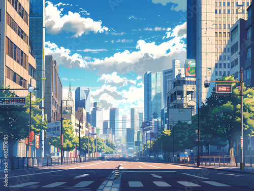anime background illsutration, atmosphere of a empty street in the middle of a beautiful city