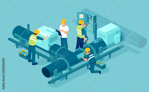 Isometric vector of an engineer worker team conducting factory industrial maintenance of gas and electric installation system 