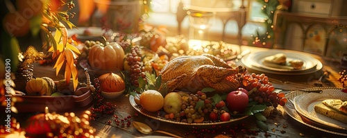 Elegant Thanksgiving dinner table set with roasted turkey, seasonal fruits, and autumn decor in warm lighting.