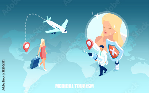 Plastic surgery and medical tourism service. Cosmetologist, doctor with syringe welcoming woman flying in for a beauty surgery.