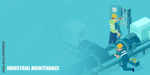 WebIsometric vector of an engineer worker team conducting factory industrial maintenance of gas and electric installation system 