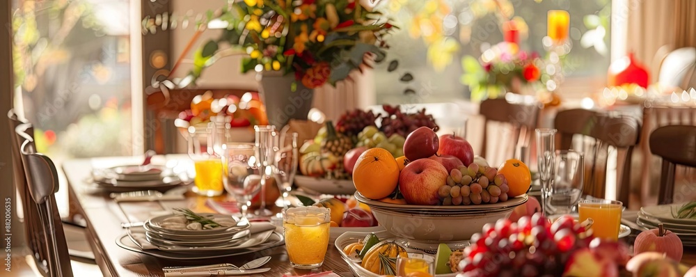 Fototapeta premium Beautifully set dining table with an assortment of fresh fruits, glasses, plates, and vibrant flowers in a cozy, sunlit room.