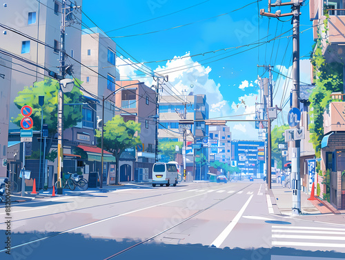 anime background illsutration, atmosphere of a empty street in the middle of a beautiful city