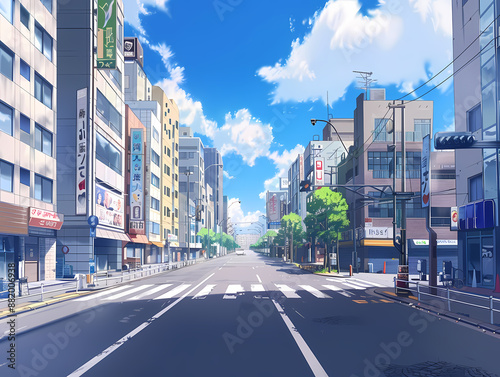 anime background illsutration, atmosphere of a empty street in the middle of a beautiful city photo