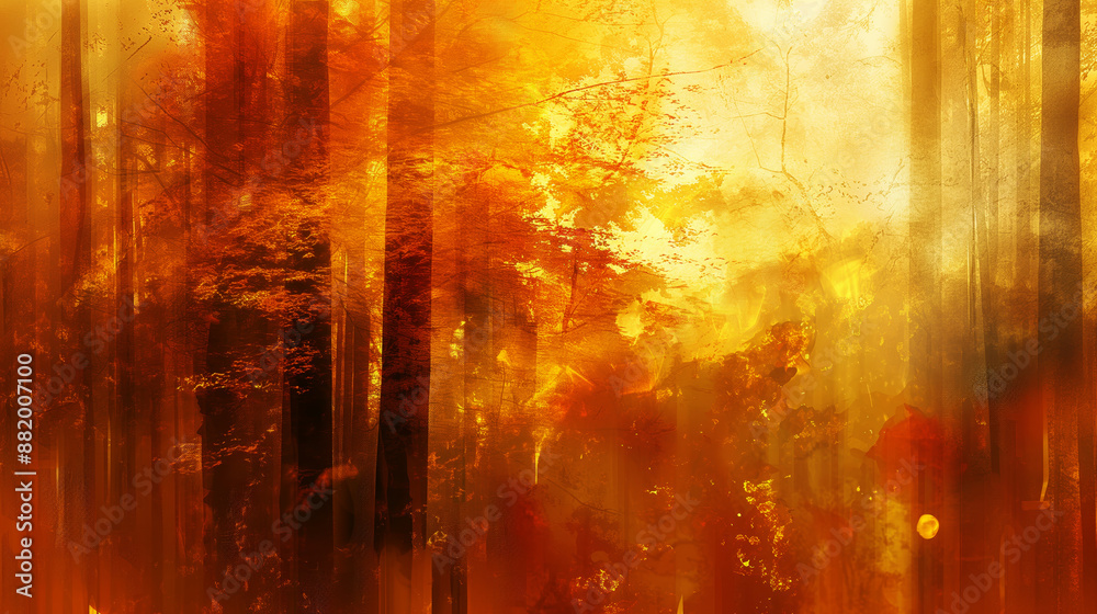 Fototapeta premium Artistic depiction of a vibrant autumn forest with diffused sunlight and abstract elements.
