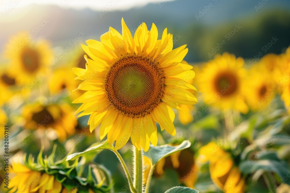 Fototapeta premium A field of bright yellow sunflowers with a distant mountain range in the background