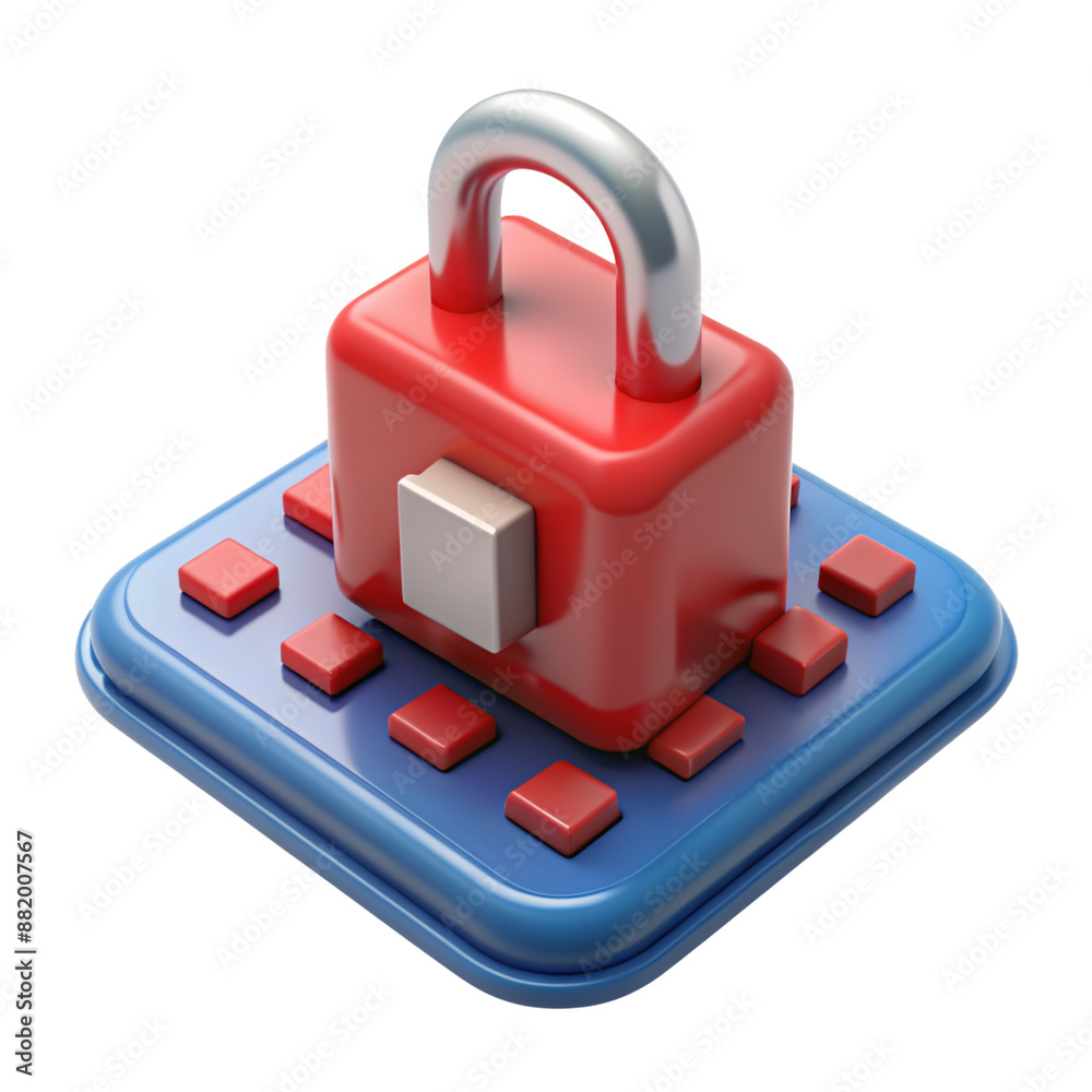 Red blue padlock on blue surface with red squares, privacy information data access