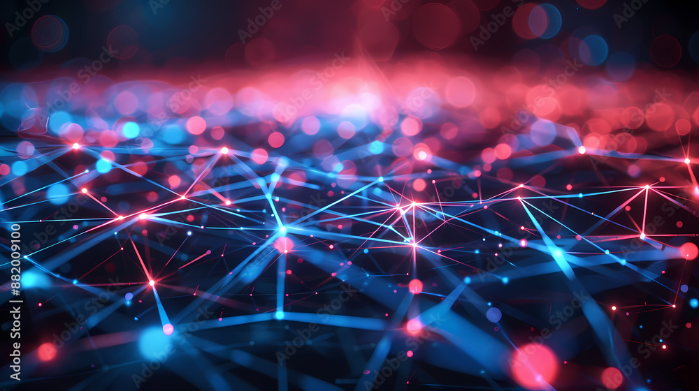 Blue lines and nodes form abstract geometric shapes in this simple network. A dark blue background with hi-tech digital connectivity gives a futuristic feel. Details are sharp and clear. Blue lines and nodes form abstract geometric shapes in this simple network. A dark blue background with hi-tech digital connectivity gives a futuristic feel. Details are sharp and clear.