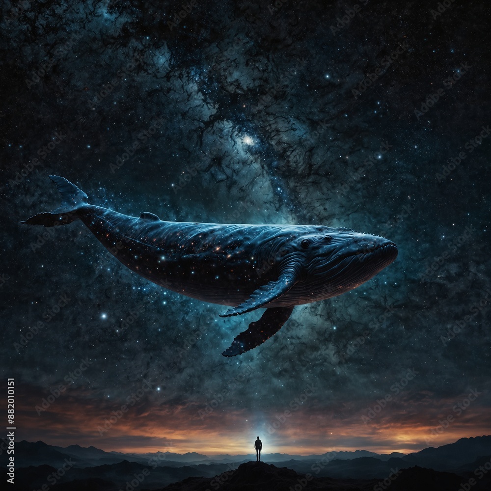 Fototapeta premium In the vast expanse of the cosmos, a majestically drifting Giant Space Whale commands attention. Its massive body shimmers with ethereal hues of cosmic dust