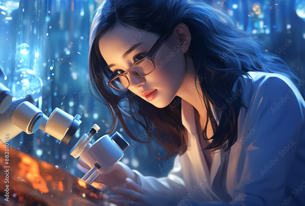 A Glimpse into the Future of Science: A young scientist engrossed in her research using advanced technology A Glimpse into the Future of Science: A young scientist engrossed in her research using advanced technology