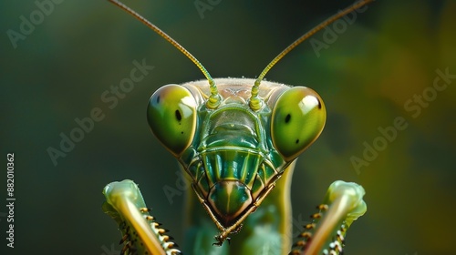 Intense Close-up of a Praying Mantis Showing Detailed Eyes and Antennae in Sharp Focus