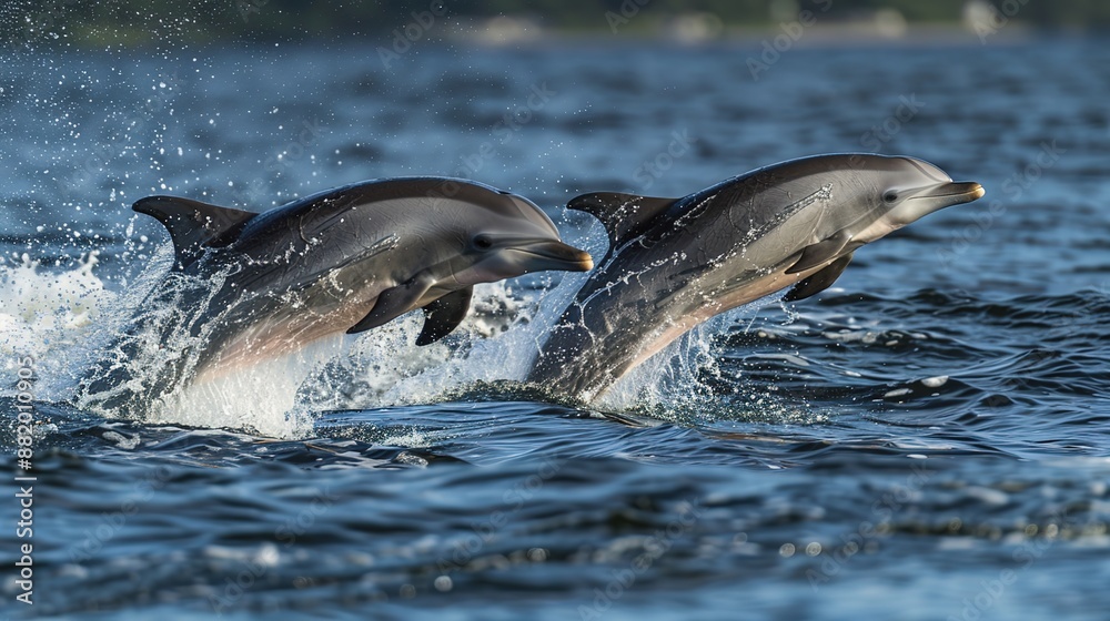 Fototapeta premium Harmonious Synchrony - Two Dolphins Leaping in Perfect Unison above Sparkling Ocean Waters