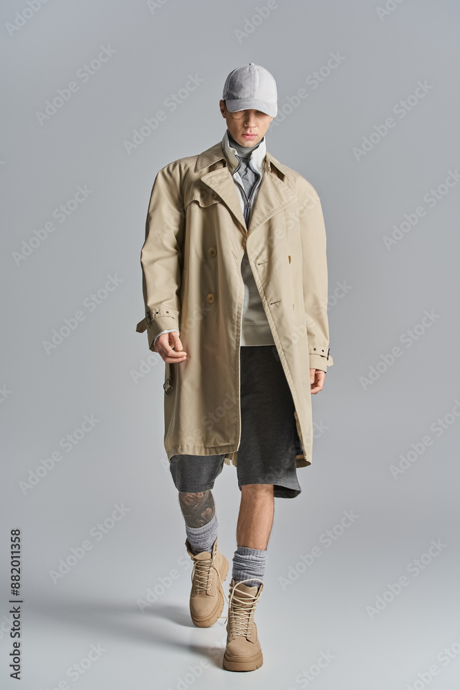 A young, tattooed man showcases an edgy look as he confidently walks down a runway in a trench coat and hat. A young, tattooed man showcases an edgy look as he confidently walks down a runway in a trench coat and hat.