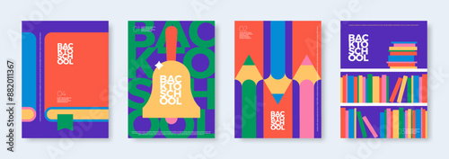 Back to school banner set. Simple flat design with school object. Education flyer. Vector illustration.