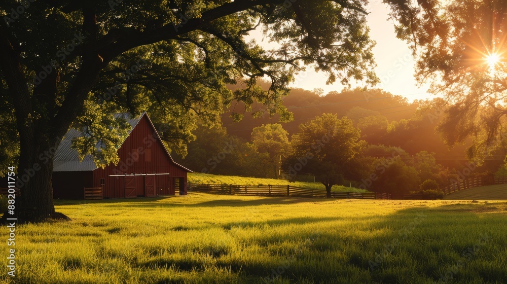 Obraz premium Barn in a Field at Sunset