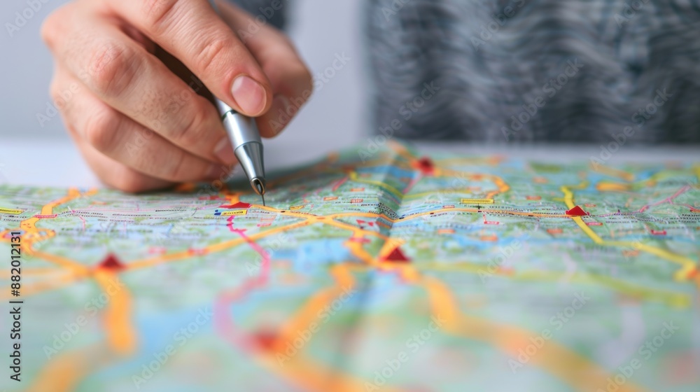 Logistics manager plans travel routes with package drop points on map, transportation with copy space, covering all objects, deep depth of field.