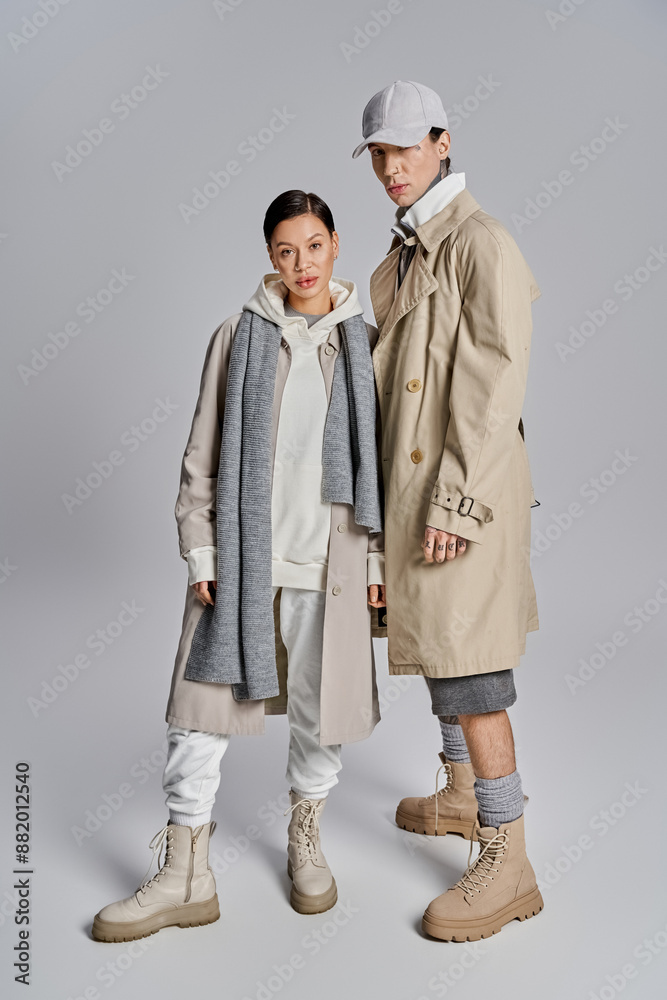 A stylish young couple stands side by side in trendy trench coats, exuding confidence and elegance against a grey backdrop. A stylish young couple stands side by side in trendy trench coats, exuding confidence and elegance against a grey backdrop.