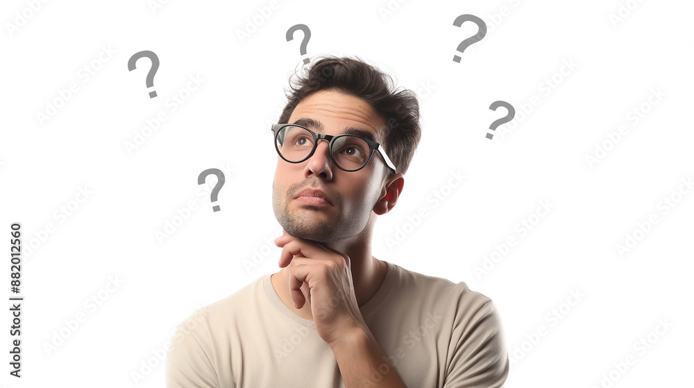 man Thinking confused by solution or problem and question marks , man with decision making expression isolated on transparency background man Thinking confused by solution or problem and question marks , man with decision making expression isolated on transparency background