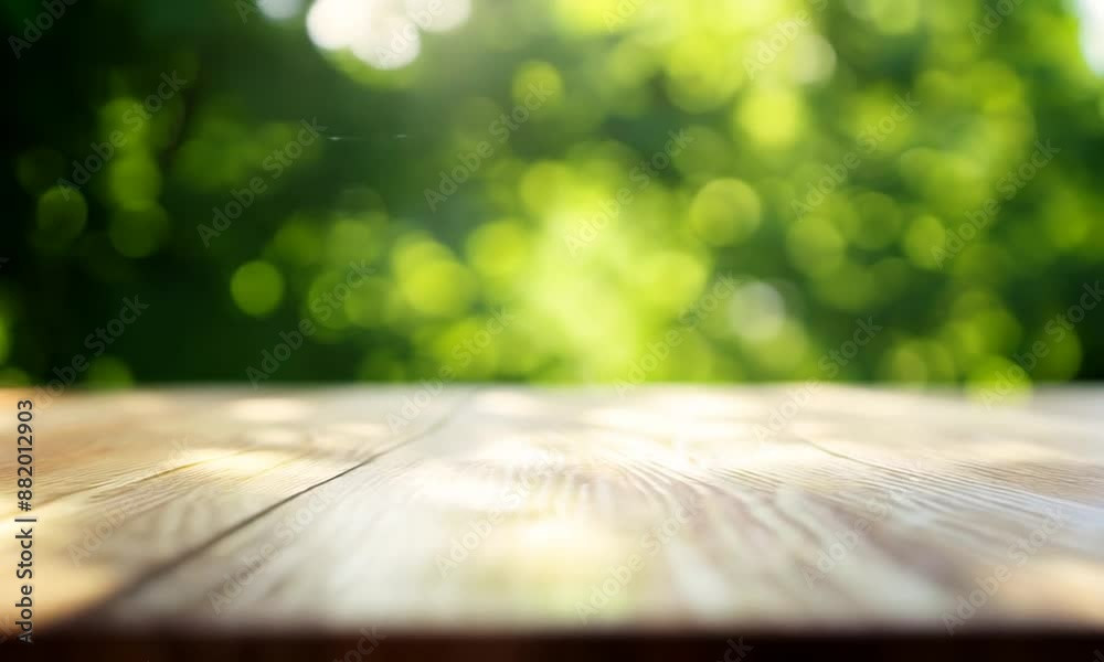 A wooden table with a green background. The table is empty and the background is full of trees