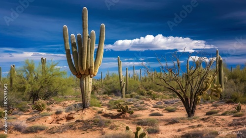 Iconic saguaro cactus in the landscape of Saguaro National Monument, Arizona photo