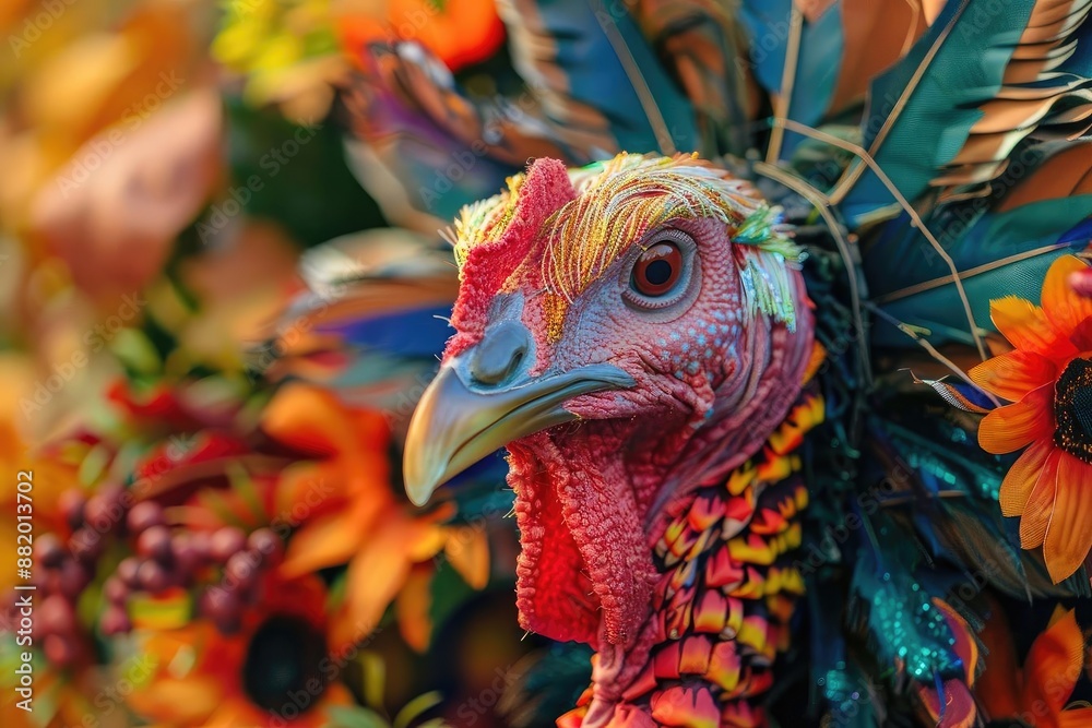 Close-up of a vibrant turkey head with colorful feathers and floral background, showcasing nature's beauty in detail. Close-up of a vibrant turkey head with colorful feathers and floral background, showcasing nature's beauty in detail.