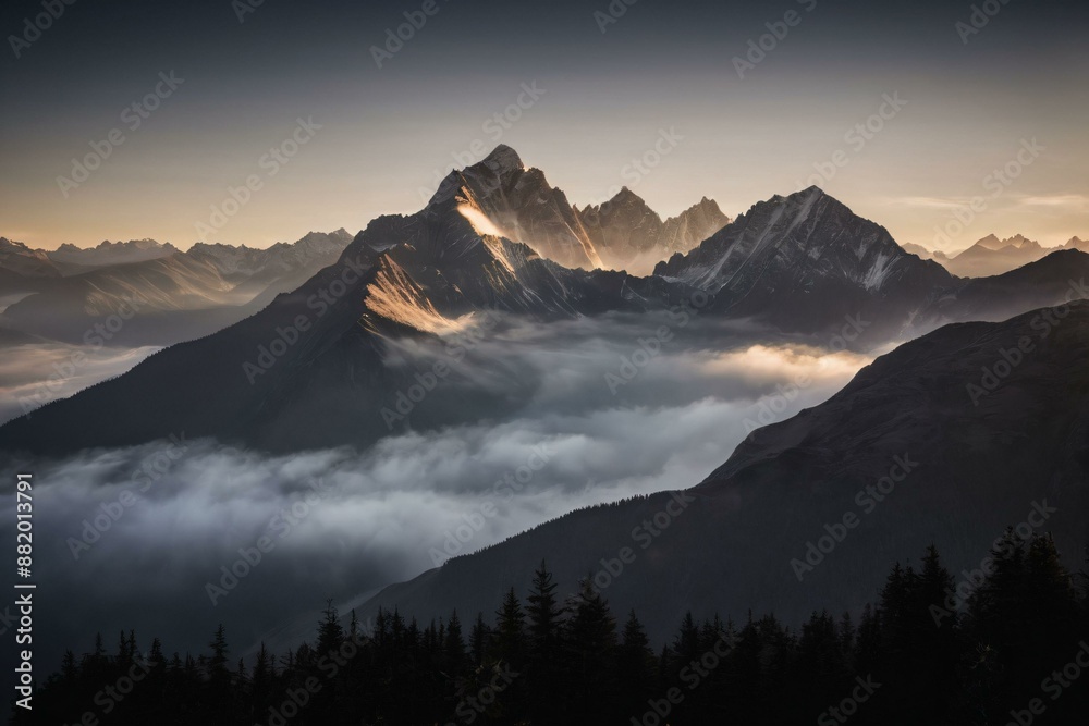 Mountainous Landscape at Sunrise with Pine Forest Mountainous Landscape at Sunrise with Pine Forest