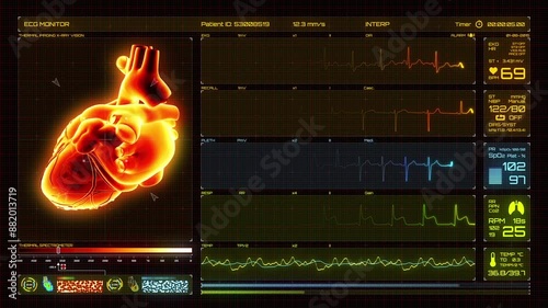 HUD display heart analysis animation, Human heart scanning, ECG monitor, Heart beating and pumping, medical abstract animation, futuristic medical screen scan