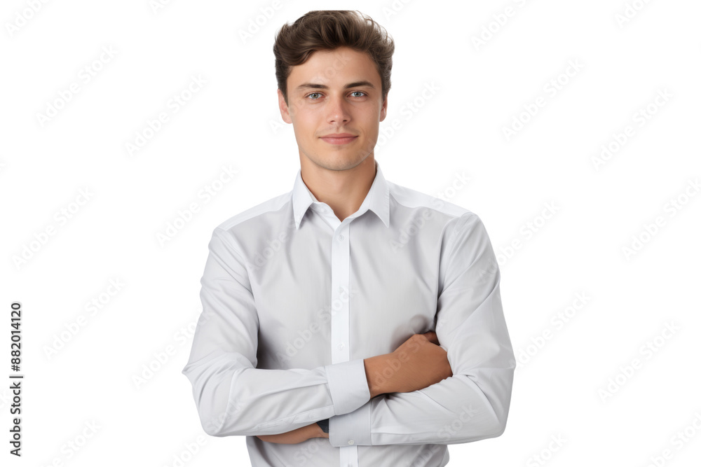 Confident young business professional with a pleasant expression, dressed in a crisp gray shirt. Isolated on white background Confident young business professional with a pleasant expression, dressed in a crisp gray shirt. Isolated on white background