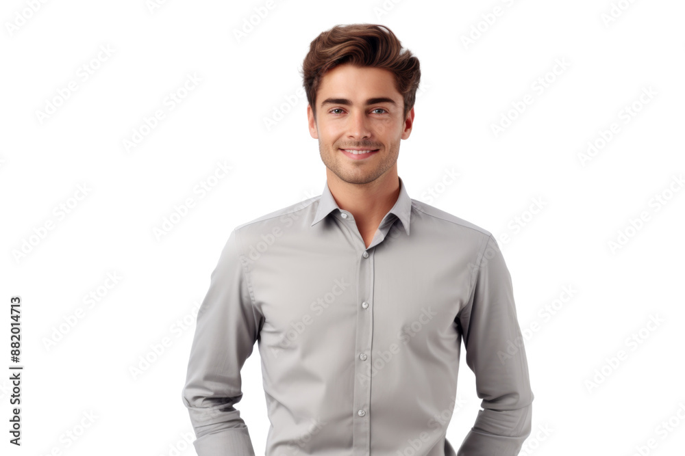 Attractive young businessman in a gray shirt, smiling confidently and exuding professionalism. Isolated on white background Attractive young businessman in a gray shirt, smiling confidently and exuding professionalism. Isolated on white background