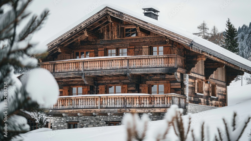 Wooden Chalet in Snowy Mountain Setting Wooden Chalet in Snowy Mountain Setting