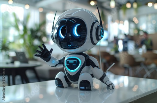 White Robot With Blue Eyes Making a Peace Sign Sitting on a Desk in an Office