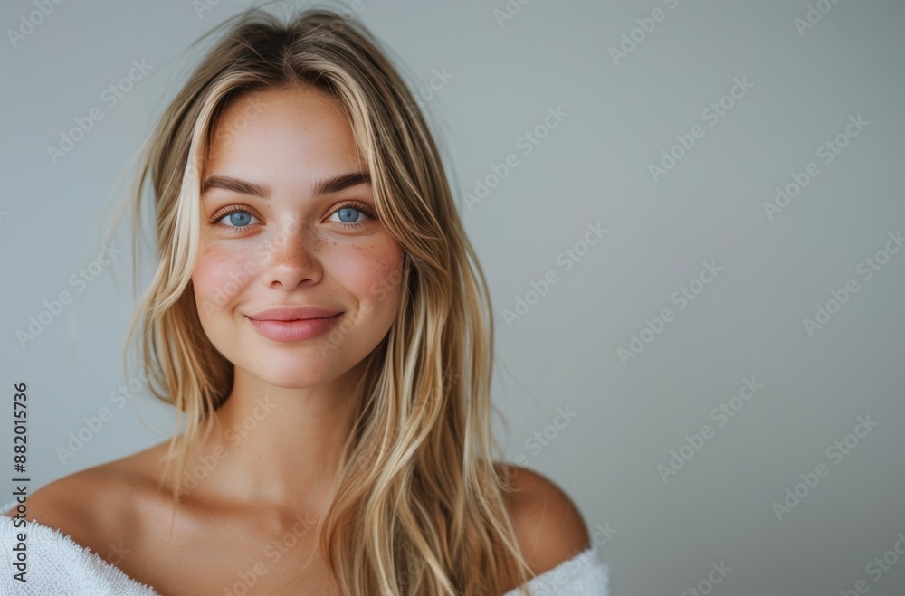 Young Woman With Blonde Hair Smiling in White Shirt Young Woman With Blonde Hair Smiling in White Shirt